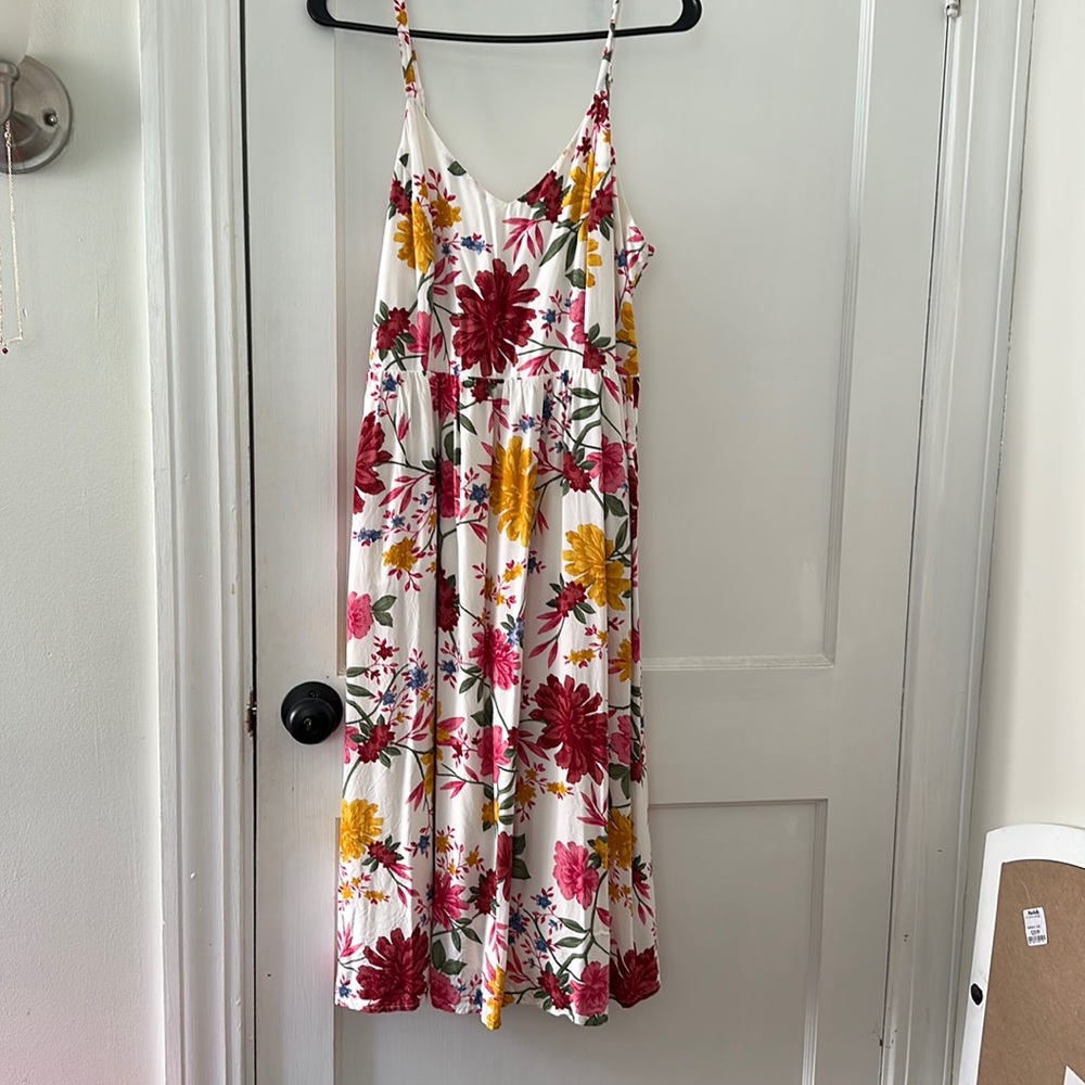 Old Navy White Floral Midi Dress with Pink, Red & Yellow Blooms